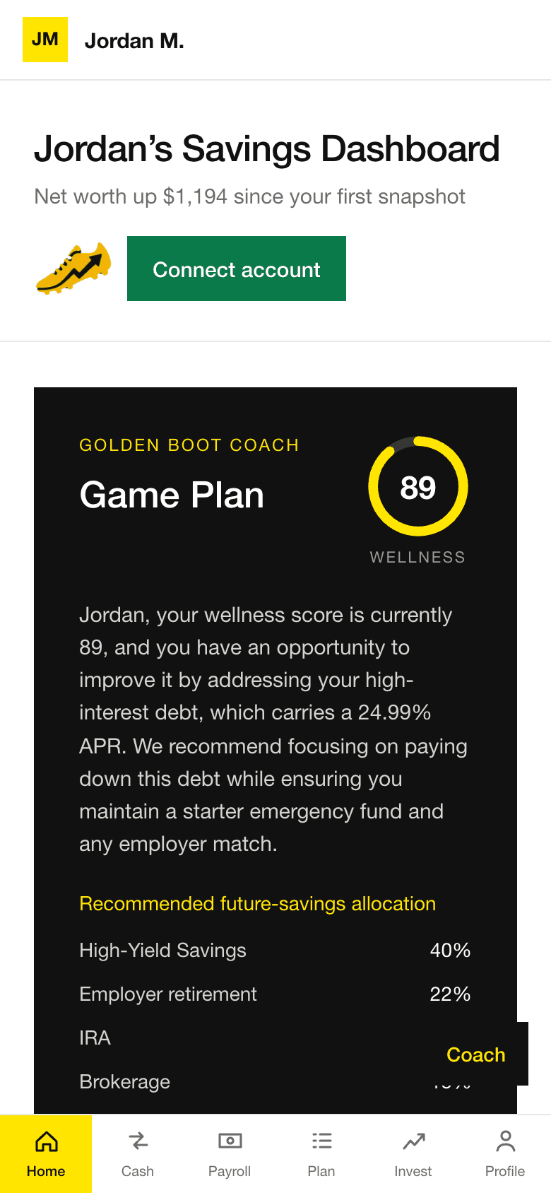 The Golden Boot dashboard: wellness score, Game Plan, and net worth